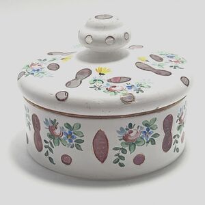 VTG Bohemian Czech Cased Milk Glass Hand Painted Trinket / Powder Jar Floral